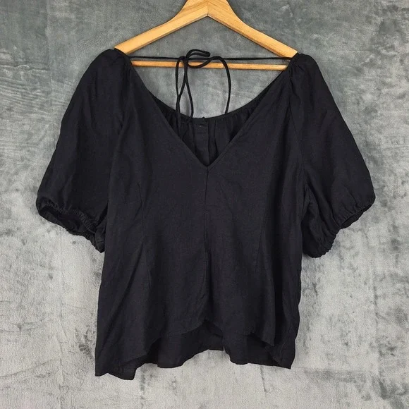 J Crew Top 18 Black Linen V-Back Boho Coastal Button Down Beach Resort Preppy - Picture 8 of 9